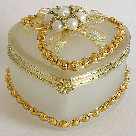 Off White Heart Shaped Jewelry Box Decorated with Beads and Ribbon