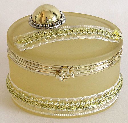 Off White Oval Shaped Jewelry Box Decorated with Ribbon