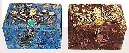Two Square Jewelry Box with Zari and Sequine Work