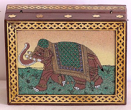 Wood Carving Jewelry Box with Real Crushed Gemstone Elephant Painting and Velvet Lining