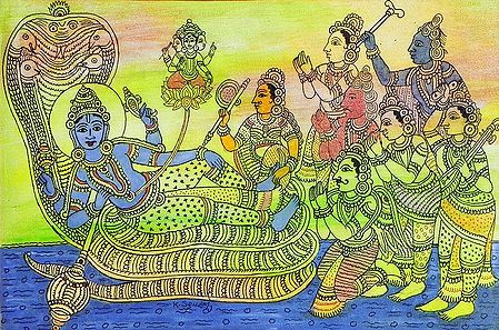 Vishnu with Lakshmi Protected by Seshnaga While Brahma Emerges on a Lotus from His Navel Surrounded by Gods and Goddesses