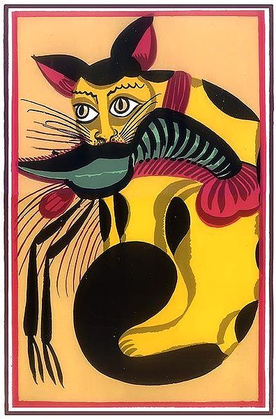 Kalighat Painting - Cat eating a Lobster