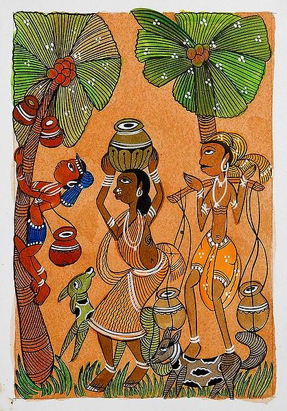Villagers Collecting Date Palm Sap - Kalighat Painting