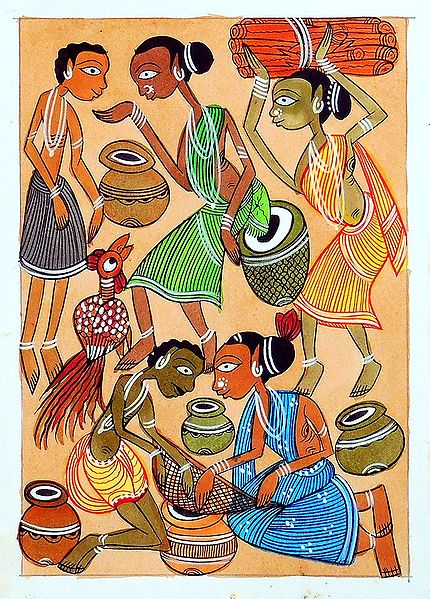 Tribal Life in India - Kalighat Painting