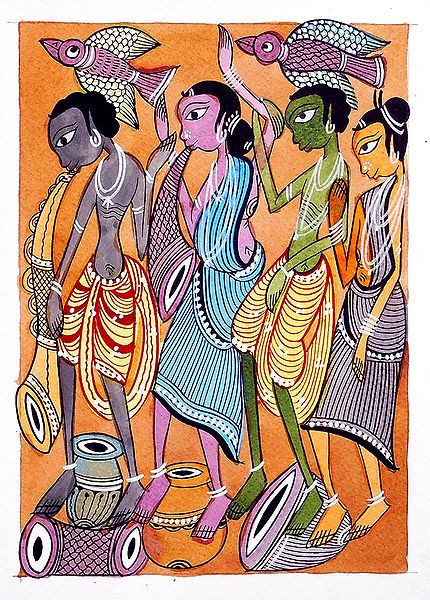 Santhal Dancers - Kalighat Painting