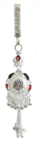 Stone Studded Round Design Silver Color Chabbi Challa with Metal Bead Jhalar