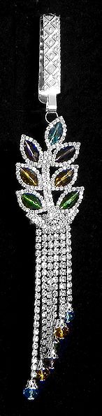 Faux Zirconia Studded Leaf Design Chabi Challa with jhalar and Multicolor Crystal Beads