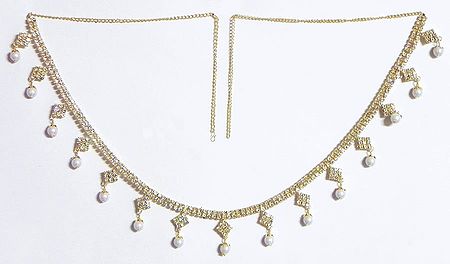 White Stone Studded and Gold Plated Jhalar Kamarband with Faux Pearl Bead