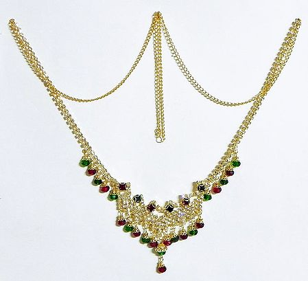 White Stone Studded Kamarband with Red and Green Bead Jhalar
