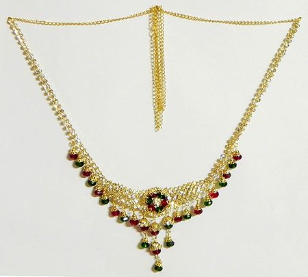 White Stone Studded and Gold Plated Jhalar Kamarband with Red and Green Crystal Bead
