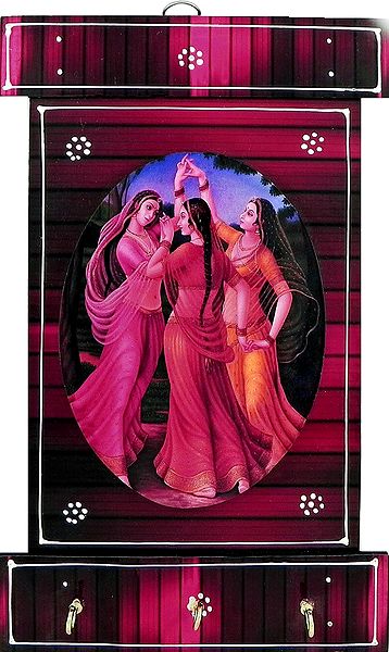 Dancing Women Print on Wooden Key Rack with Three Hooks - Wall Hanging