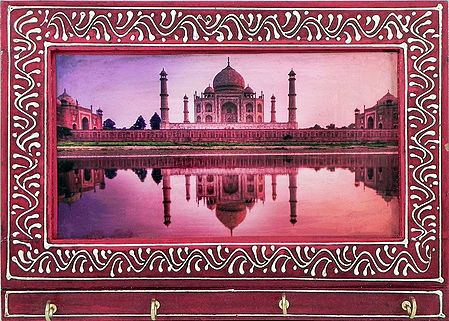 Taj Mahal Print on Wooden Key Rack with Four Hooks - Wall Hanging