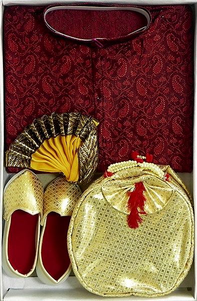 Bengal Ethnic Dress - Red Brocade Kurta with Yellow Dhoti, Golden Pagri and Shoe