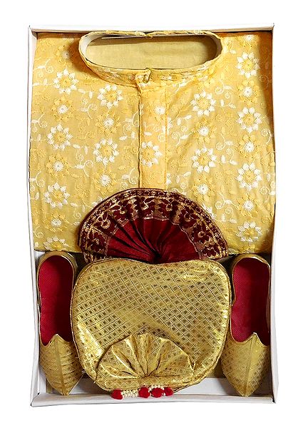 Bengal Ethnic Dress - Self Design Yellow Kurta with Maroon Dhoti and Golden Shoe