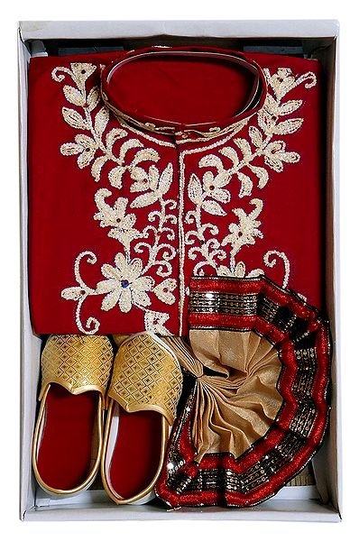 Bengal Ethnic Dress - Embroidered Red Kurta, Beige Dhoti with Golden Shoe