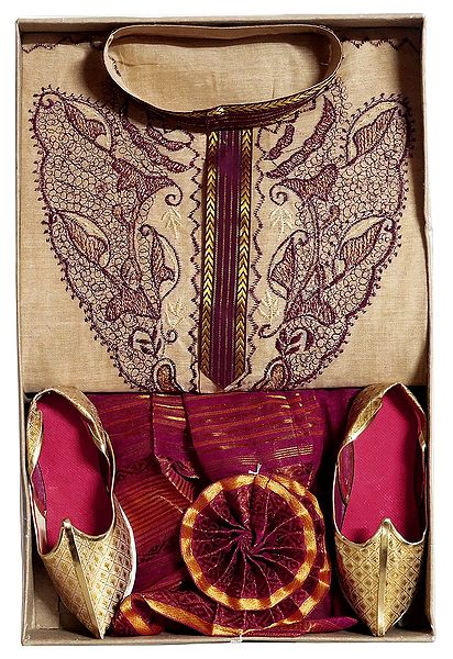 Bengal Ethnic Dress - Embroidered Cotton Beige Kurta, Maroon Dhoti with Shoe