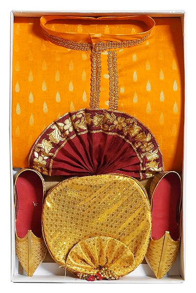 Bengal Ethnic Dress - Embroidered Cotton Yellow Kurta, Beige Art Silk Dhoti with Pagri and Shoe