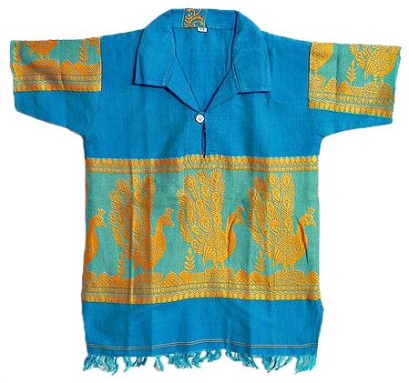 Blue Half Sleeve Short Kurta with Baluchari Weave Design