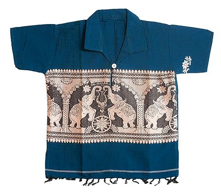 Dark Blue Half Sleeve Short Kurta with Baluchari Design for Baby Boy