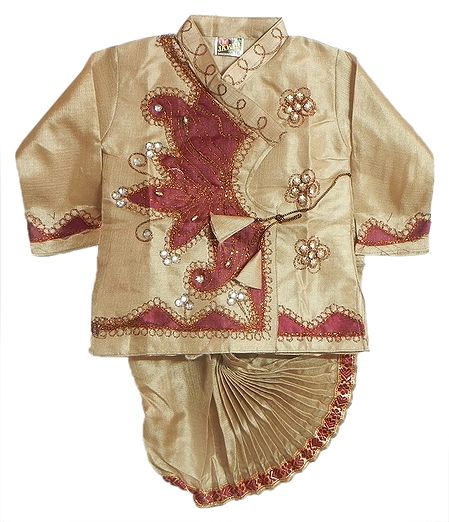 Bead Embroidered and Maroon Appliqued Beige Color Kurta and Pyjama Dhoti 