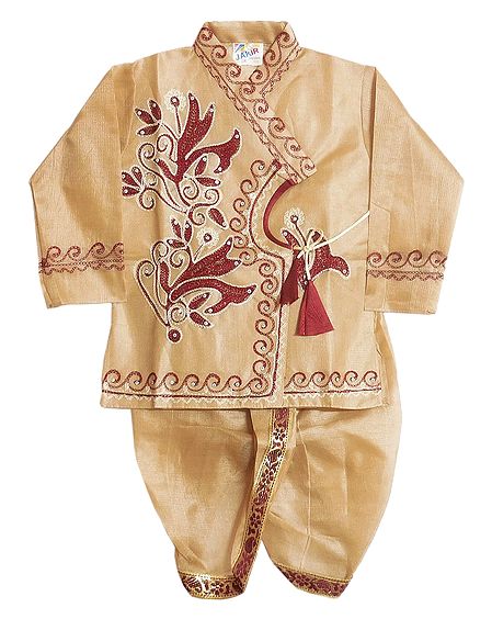 Embroidered Beige Tussar Kurta and Ready to Wear Dhoti for Baby Boy