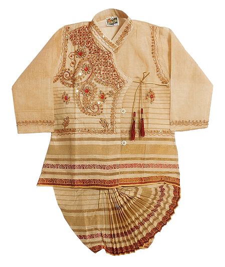 Embroidered Beige Cotton Kurta and Ready to Wear Dhoti for Baby Boy