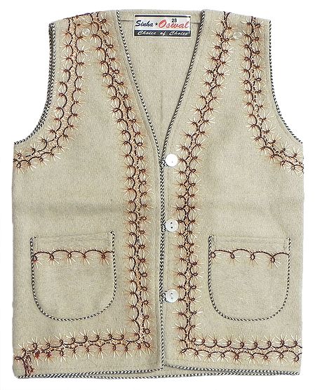 Front Open Embroidered Light Beige Sleeveless Woolen Jacket with Pocket