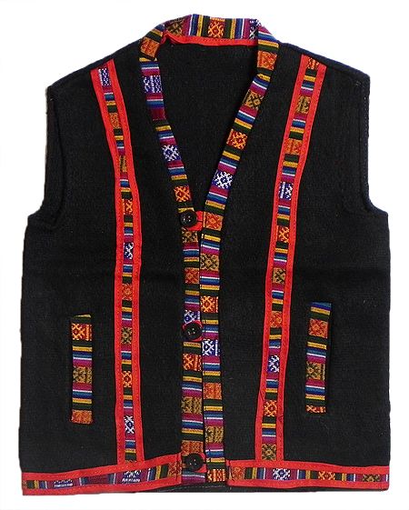 Black Kullu Sleeveless Woolen Jacket with Pocket from Himachal pradesh