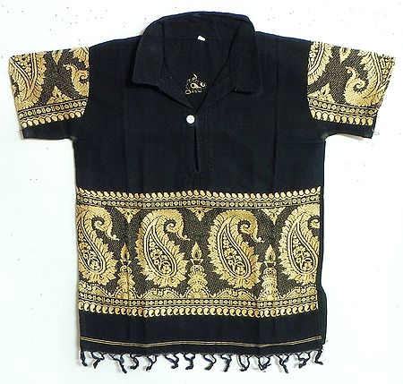 Black Half Sleeve Short Kurta with Baluchari Weave Design