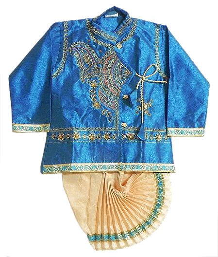 Embroidered and Stone Studded Blue Kurta with Beige Pyjama Dhoti 