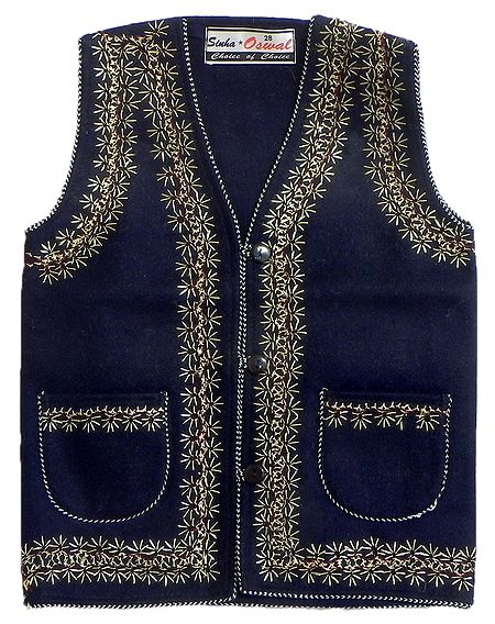Front Open Embroidered Dark Blue Sleeveless Woolen Jacket with Pocket