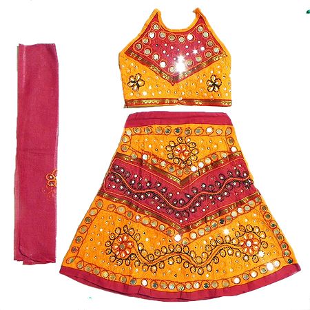 Red with Saffron Lehenga, Halter Neck Choli and Red Chunni with Sequin and Bead Work