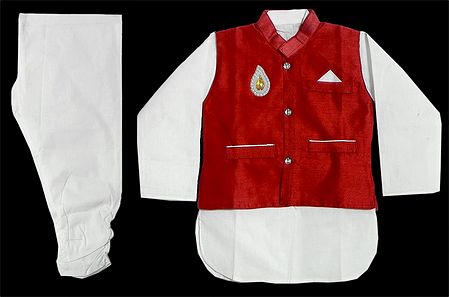 Modi Dress - White Cotton Churidar Kurta with Raw Silk Red jacket