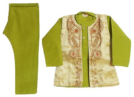 Green Kurta Pyjama with Sequin, Bead Work and Embroidered Tussar Beige Jacket