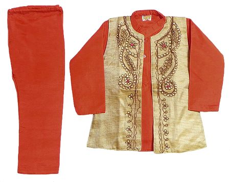 Saffron Kurta Pyjama with Sequin, Bead Work and Embroidered Tussar Beige Jacket