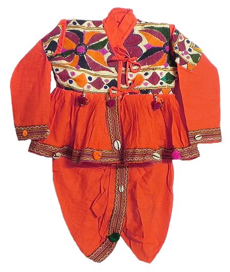 Gujrati Style Saffron Ready to Wear Dhoti and Kurta with Colorful Embroidery