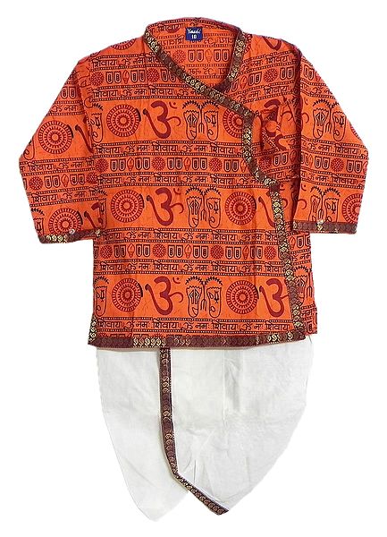 Saffron Om Print Kurta with White Pyjama Dhoti