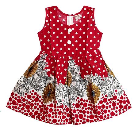 Printed Red Cotton Sleeveless Frock