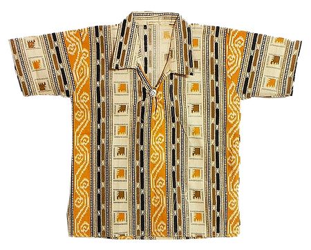 Off-White Half Sleeve Cotton Short Kurta with Yellow, Black and Brown Print
