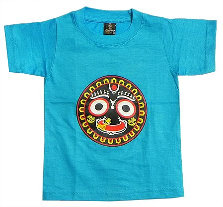 Printed Jagannathdev Face on Cyan Blue T-Shirt