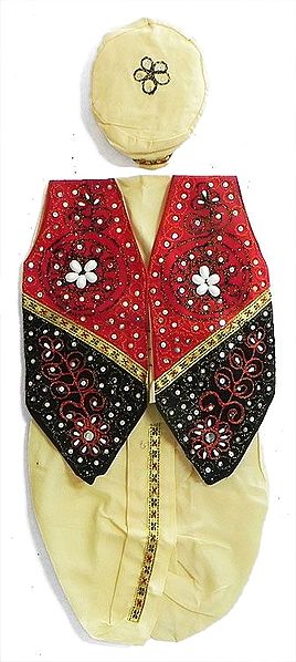 Light Yellow Pyjama Dhoti, Cap and Red with Black Sleeveless Jacket with Cowrie and Sequin Work