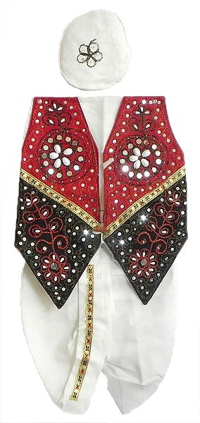 White Pyjama Dhoti, Cap and Black with Red Sleeveless Jacket with Cowrie and Sequin Work