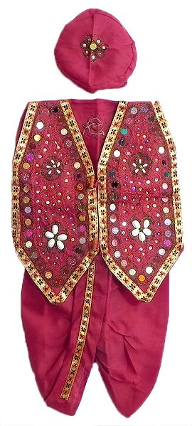 Red Pyjama Dhoti, Cap and Sleeveless Jacket with Cowrie and Sequin Work
