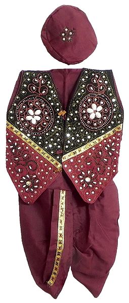 Maroon Pyjama Dhoti, Cap and maroon with Black Sleeveless Jacket with Cowrie and Sequin Work