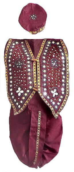 Maroon Pyjama Dhoti, Cap and Sleeveless Jacket with Cowrie and Sequin Work