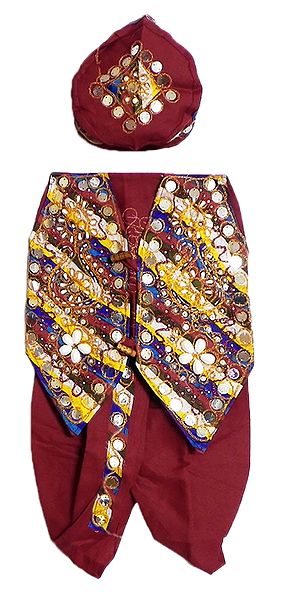 Ready to Wear Red Dhoti, Cap and Multicolor Jacket with Sequin and Bead Work