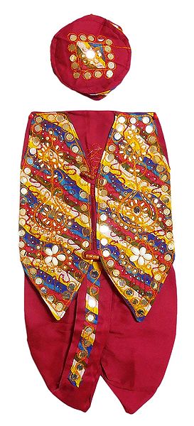 Ready to Wear Red Dhoti, Cap and Multicolor Jacket with Sequin and Bead Work