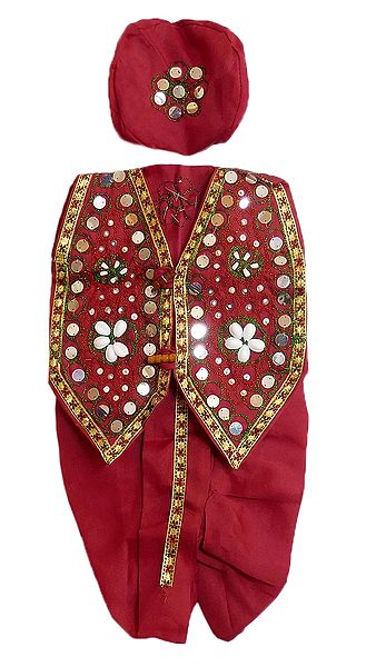 Ready to Wear Red Dhoti, Cap and Multicolor Jacket for Baby Boy