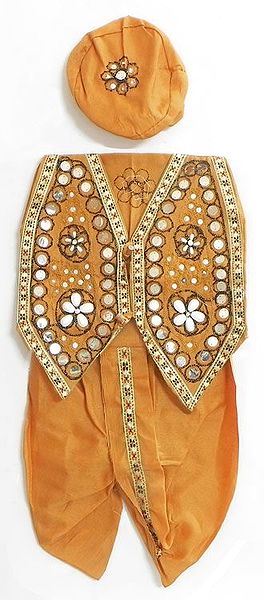 Yellow Pyjama Dhoti, Cap and Sleeveless Jacket with Cowrie and Sequin Work