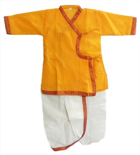 White Pyjama Dhoti and Yellow Kurta with Red Border